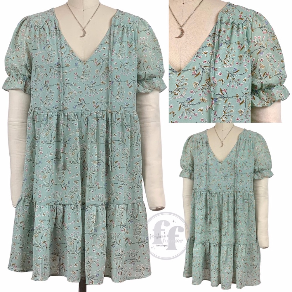 Blue B Semi Sheer Tiered Pastel Floral Short Puff Sleeve Babydoll Mini Dress